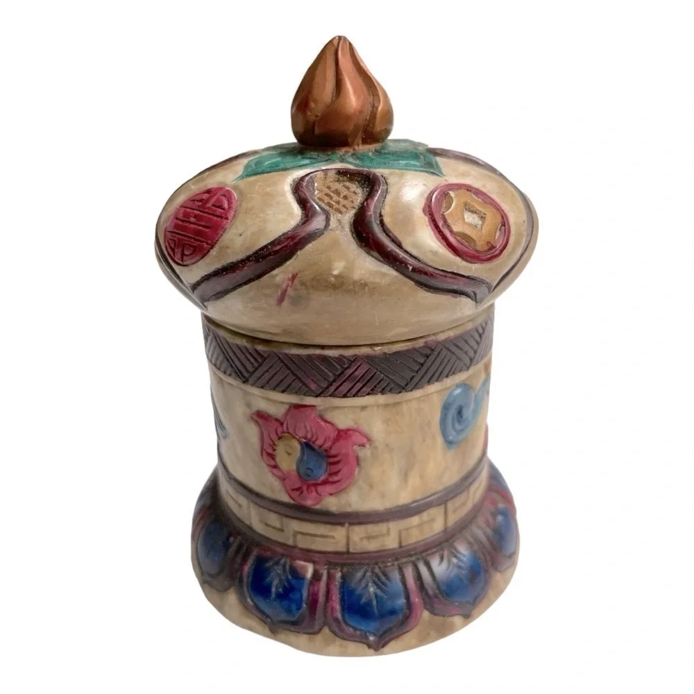 Vintage Chinese Dragon Stone Trinket Box Hand Painted Lidded Jewelry Container